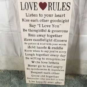 Canvas LOVE RULES sign  23 1/2 long 11 1-2 “ wide